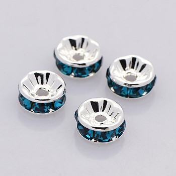 Brass Rhinestone Spacer Beads, Grade AAA, Straight Flange, Nickel Free, Silver Color Plated, Rondelle, Blue Zircon, 4x2mm, Hole: 0.8mm