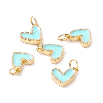 Rack Plating Brass Enamel Charms, with Jump Ring, Cadmium Free & Nickel Free & Lead Free, Real 18K Gold Long-Lasting Plated, Heart, Aqua, 9x7x2mm, Hole: 2.5mm