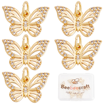 Brass Micro Pave Cubic Zirconia Pendants, Butterfly, Real 18K Gold Plated, 14~15x9.5x2mm, Hole: 3.5mm, 10pcs/box