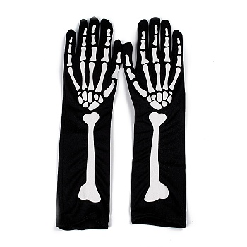 Long Polyester Skeleton Hand Horror Full Finger Gloves, for Halloween Cosplay Costumes, Black, 385x105x3mm