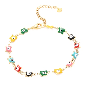 304 Stainless Steel Link Bracelets, with Enamel and Lobster Claw Clasps, Evil Eye, Colorful, Golden, 7-7/8 inch(20cm)