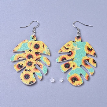 PU Leather Dangle Earrings, with Iron Earring Hooks and Plastic Ear Nuts, Tropical Theme, Monstera Leaf with Sunflower Pattern, Medium Turquoise, 72mm