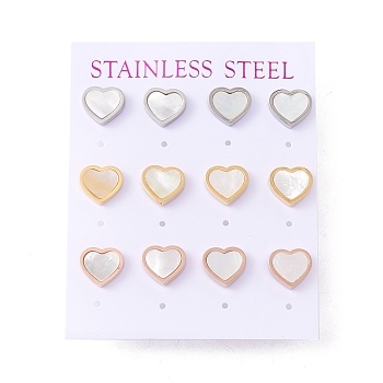 6 Pairs Natural White Shell Heart Stud Earrings, 304 Stainless Steel Jewelry for Women, Mixed Color, 9x10mm, Pin: 0.7mm