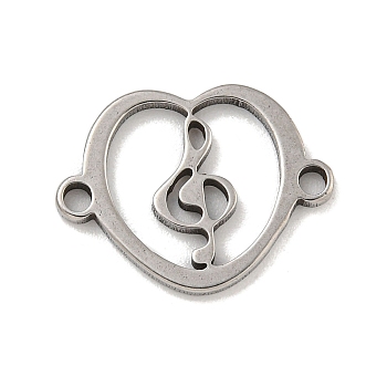 201 Stainless Steel Hollow Connector Charms, Heart Links with Musical Note, Stainless Steel Color, 11.5x15x1mm, Hole: 1.4mm