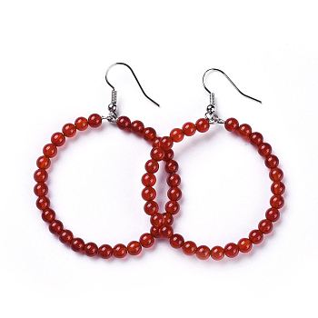 Natural Carnelian Dangle Earrings, with Stainless Steel Hook, Ring, 60~61x44mm, Pin: 0.6mm
