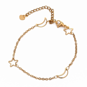 304 Stainless Steel Cable Chain Anklets, with  Moon & Star Link and Lobster Claw Clasps, Golden, 8-7/8 inch(22.5cm)