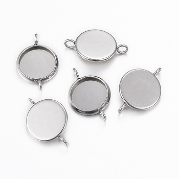 304 Stainless Steel Cabochon Connector Settings, Plain Edge Bezel Cups, Flat Round, Stainless Steel Color, Tray: 12mm, 21x14x2mm, Hole: 2.5mm