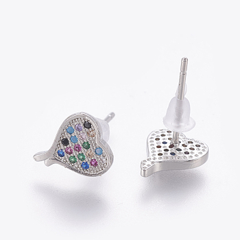 Brass Cubic Zirconia Stud Earrings, Heart, Colorful, Platinum, 10x8x1.5mm, Pim: 0.8mm