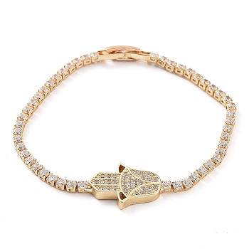 Golden Brass Link Bracelet, with Cubic Zirconia Tennis Chains, Long-Lasting Plated, Hamsa Hand, 7 inch(17.8cm)