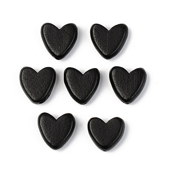 Painted Natural Wood Beads, Lead Free, Heart, Black, 16x16x6mm, Hole: 1.2mm