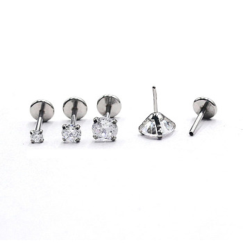 Stainless Steel Clear Cubic Zirconia Threadless Labret Stud, Tragus Stud, Flat Back Earring, Stainless Steel Color, 6mm, Pin: 0.8mm, Head: 4mm