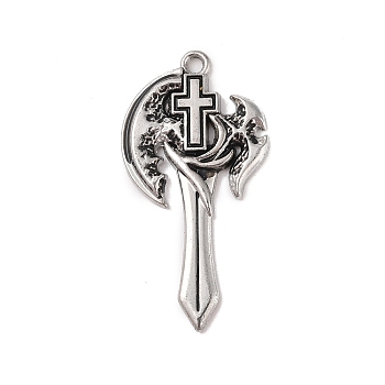 Alloy Enamel Big Pendants, Axe with Cross Charms, Antique Silver, Black, 53x28x3mm, Hole: 3mm