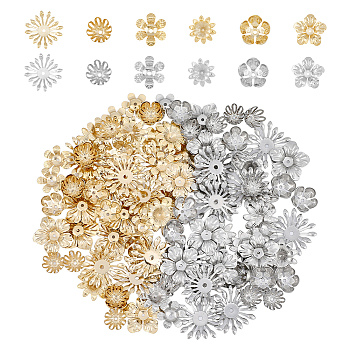 120Pcs 12 Styles 304 Stainless Steel Fancy Bead Caps, Flower, Mixed Color, 11~25x11~25x3.5~7mm, Hole: 1.2~2mm, 10pcs/style