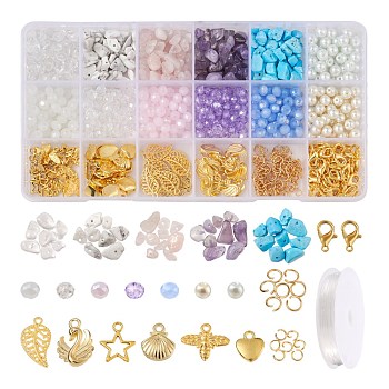 DIY Mixed Stone Chip & Glass Beads Jewelry Set Making Kit, Including Natural & Synthetic Stone Chip Beads, Glass Beads, Alloy Pendants & Clasps, 304 Stainless Steel Jump Rings, Elastic Thread, Golden, Stone Beads: 75g/set