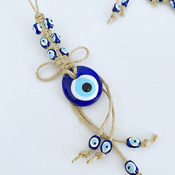 Flat Round with Evil Eye Glass Pendant Decorations, Tassel Hemp Rope Hanging Ornament, Royal Blue, 220mm