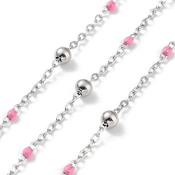 304 Stainless Steel Cable Chain, with Enamel, Soldered, Hot Pink, Beads: 3.5~3.6x3.5mm, Link: 5x2x2mm and 2x1.5x0.3mm