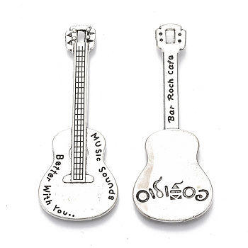 Tibetan Style Alloy Big Pendants, Cadmium Free & Lead Free, Guitar with Word, Antique Silver, 61.5x23x2.5mm, Hole: 3.5x2mm, about 130pcs/1000g