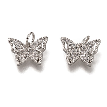 Brass Micro Pave Clear Cubic Zirconia Charms, Cadmium Free & Lead Free, Long-Lasting Plated, Butterfly, Platinum, 9x13x2mm, Hole: 3mm