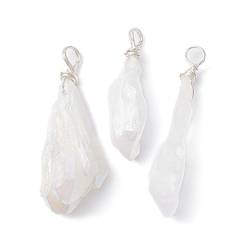 Electroplated Natural Quartz Crystal Dyed Pendants, Teardrop Charms with Silver Color Plated Copper Wire Loops, White, 30~38x9.5~15x7~11mm, Hole: 4mm
