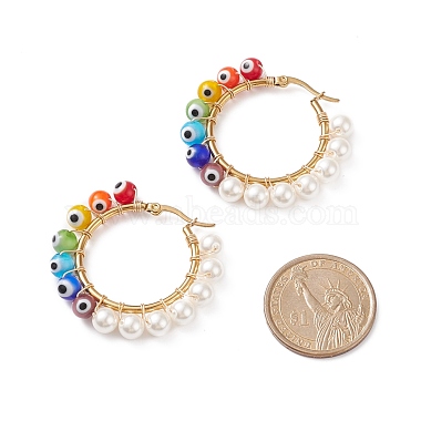Shell Pearl & Evil Eye Lampwork Beaded Hoop Earrings(EJEW-TA00115)-4