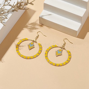 Glass Seed Braided Ring & Rhombus Dangle Earrings(EJEW-MZ00050)-2