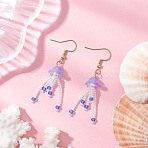 304 Stainless Steel Dangle Earrings, with Jellyfish Glass Woven Pendants & Glass Beads, Golden, Lilac, 53.5x11mm(EJEW-MZ00454-03)
