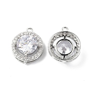 Brass Micro Pave Clear Cubic Zirconia Pendants, with Glass, Flat Round Charm, Platinum, 15.5x12.5x5.5mm, Hole: 1.2mm(KK-E068-VF253)