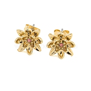 Brass Micro Pave Cubic Zirconia Ear Studs, Flower, Golden, Light Coral, 10.5mm(EJEW-P283-01G-07)