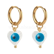 304 Stainless Steel Huggie Hoop Earrings, with Natural Shell Beads, Heart with Evil Eye, Dodger Blue, Golden, 27mm, Pin: 1mm(EJEW-JE04533-03)