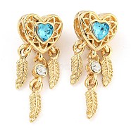 Rack Plating Alloy Pave Indicolite Rhinestone Heart with Feather European Dangle Charms, Large Hole Pendants, Cadmium Free & Nickel Free & Lead Free, Golden, 32.5x11.5x10.5mm, Hole: 4.7mm(FIND-B034-19G-02)