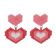 Glass Seed Braided Double Heart Dangle Stud Earrings, Brass Jewelry for Women, Hot Pink, 32mm, Pin: 0.8mm(EJEW-MZ00017)