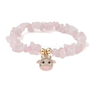 Natural Rose Quartz Chips Stretch Bracelets, with Alloy Enamel Cattle Charms, Inner Diameter: 2~2-1/8 inch(5.1~5.25cm)(BJEW-JB09754-01)