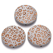 Painted Natural Wood Beads, Laser Engraved Pattern, Flat Round with Leopard Print, Silver, 30x5mm, Hole: 1.6mm(WOOD-N006-07M)