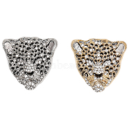 2Pcs 2 Colors Rhinestone Leopard Brooch Pin, Alloy Animal Badge for Backpack Clothes, Platinum & Light Gold, 37x38x5mm, 1Pc/color(JEWB-CA0001-27)