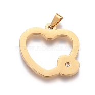 304 Stainless Steel Open Pendants, with Crystal Rhinestone, Heart, Golden, 24.5x25x2mm, Hole: 5x3mm(STAS-D0002-06G)