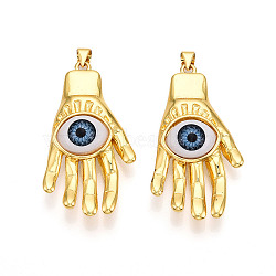 Brass Resin Pendants, Hand with Eye, Real 18K Gold Plated, 43x22x10mm, Hole: 3.5x5mm(KK-T070-95)