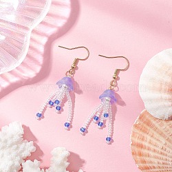 304 Stainless Steel Dangle Earrings, with Jellyfish Glass Woven Pendants & Glass Beads, Golden, Lilac, 53.5x11mm(EJEW-MZ00454-03)