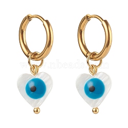 304 Stainless Steel Huggie Hoop Earrings, with Natural Shell Beads, Heart with Evil Eye, Dodger Blue, Golden, 27mm, Pin: 1mm(EJEW-JE04533-03)