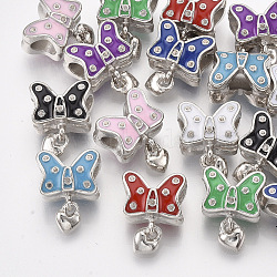 Platinum Plated Alloy European Bead Rhinestone Settings, with Enamel, Large Hole Pendants, Butterfly with Heart, Mixed Color, Fit for 0.5mm Rhinestone; 17mm; Butterfly: 11.5x12x9mm, Heart: 6.5x5x2m, Hole: 5mm(MPDL-S067-48)