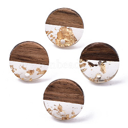 Transparent Resin & Walnut Wood Stud Earring Findings, with 304 Stainless Steel Pin and Gold Foil, Flat Round, Clear, 15mm, Hole: 1.8mm, Pin: 0.7mm(MAK-N032-008A-F01)