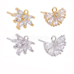 4 Pairs 2 Style Brass Micro Pave Clear Cubic Zirconia Stud Earring Findings, with Loop, Flower, Platinum & Golden, 15mm, Pin: 0.7mm, 4pairs/box(KK-ZZ0001-07)