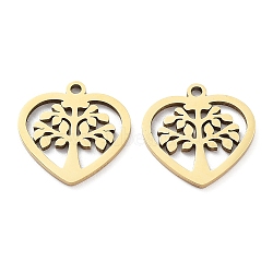 Ion Plating(IP) 316L Surgical Stainless Steel Charms, Heart with Tree of Life Charm, Real 18K Gold Plated, 15x14.5x1mm, Hole: 1.2mm(STAS-D046-18G)