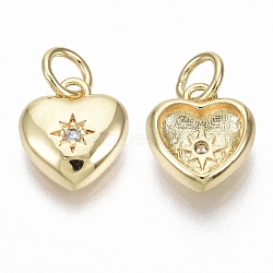 Brass Micro Pave Cubic Zirconia Charms, with Jump Ring, Nickel Free, Heart with Star, Clear, Real 18K Gold Plated, 10x9x3.5mm, Hole: 3mm(ZIRC-R109-039-NF)