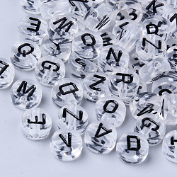 Transparent Acrylic Beads, Horizontal Hole, Flat Round with Random Letters, Clear, 7x3.5mm, Hole: 1.8mm, about 3600~3700pcs/500g(TACR-S150-03A-03)