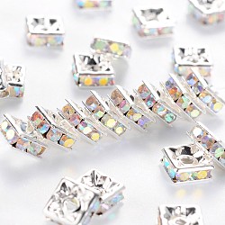 Brass Rhinestone Spacer Beads, Beads, Grade A, Square, Nickel Free, AB color, Clear AB, Silver Color Plated, Size: about 6mmx6mmx3mm, hole: 1mm(RSB072-02S)