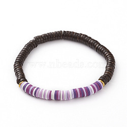 Polymer Clay Heishi Beads Stretch Bracelets, with Natural Coconut Beads and Golden Plated Brass Beads, Disc/Flat Round, Purple, Inner Diameter: 2-1/4 inch(5.6cm)(BJEW-JB05811-02)
