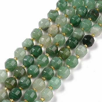 Natural Green Aventurine Beads Strands, with Seed Beads, Faceted Bicone Barrel Drum, 9.5x8.5mm, Hole: 1.2mm, about 31pcs/strand, 14.17 inch(36cm)