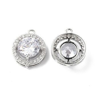 Brass Micro Pave Clear Cubic Zirconia Pendants, with Glass, Flat Round Charm, Platinum, 15.5x12.5x5.5mm, Hole: 1.2mm