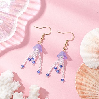 304 Stainless Steel Dangle Earrings, with Jellyfish Glass Woven Pendants & Glass Beads, Golden, Lilac, 53.5x11mm