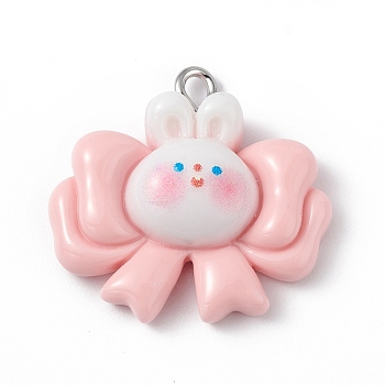 Opaque Resin Pendants, Rabbit Charms, with Platinum Tone Iron Loops, Bow, 24x25.5x8mm, Hole: 2mm